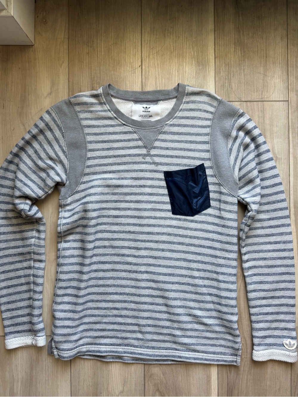 adidas Light Gray and White Striped Crewneck Sweatshirt